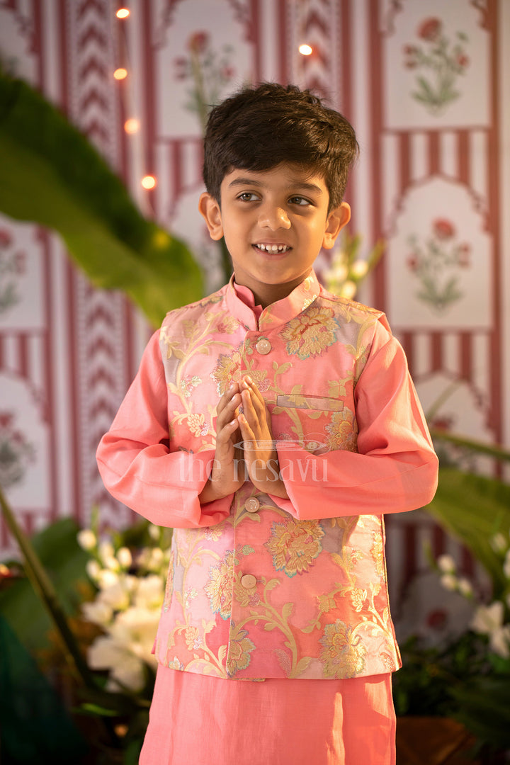 Enchanted Blossom Boys Pink Kurta with Floral Jacket Set