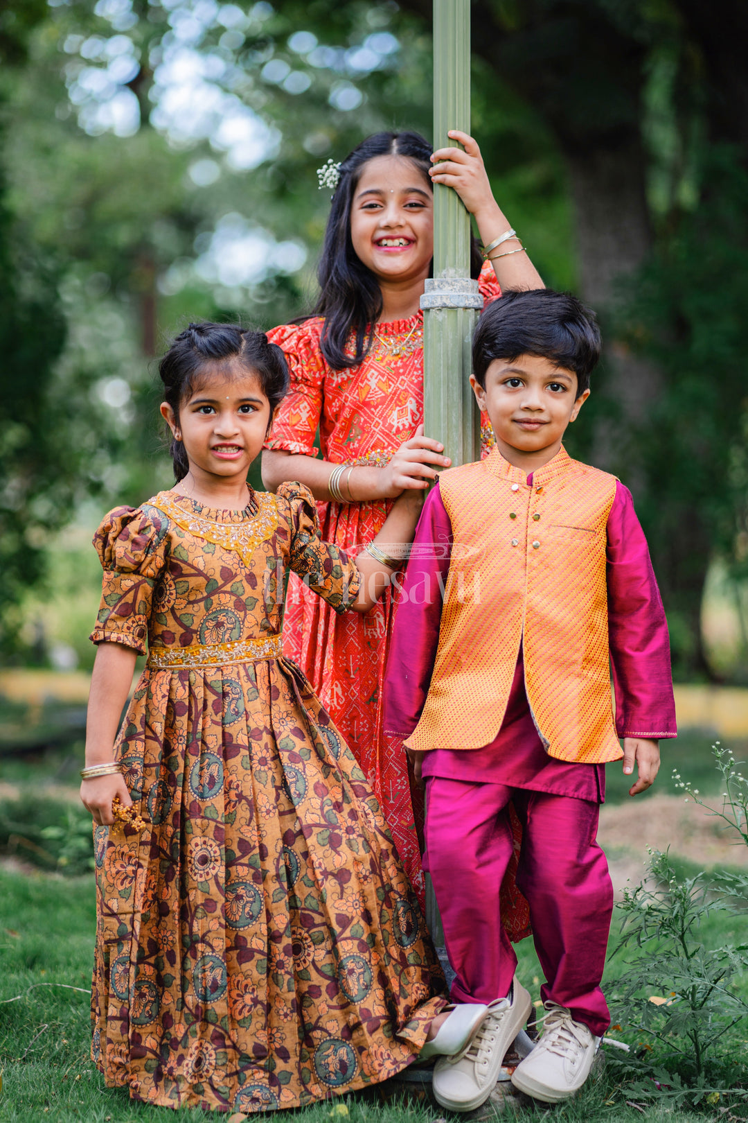 Girls Sunshine Yellow Kalamkari Printed Anarkali Dress with Embellished Neckline