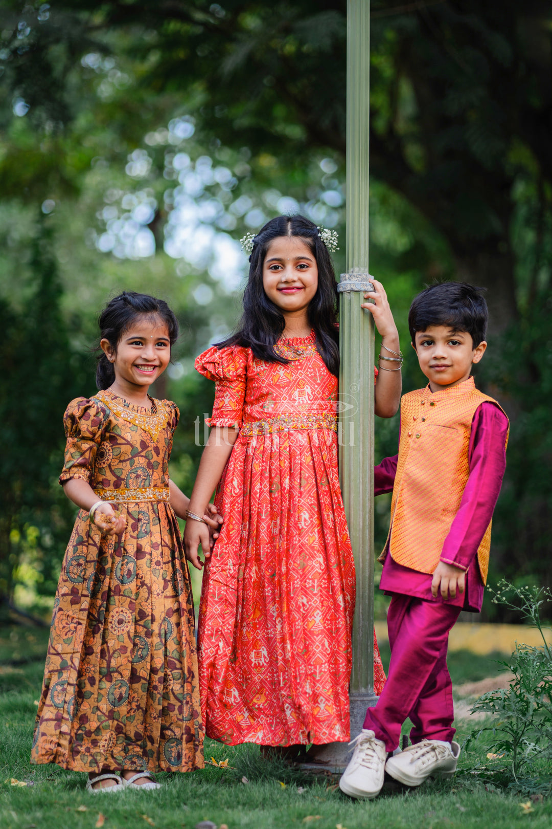 Girls Sunshine Yellow Kalamkari Printed Anarkali Dress with Embellished Neckline