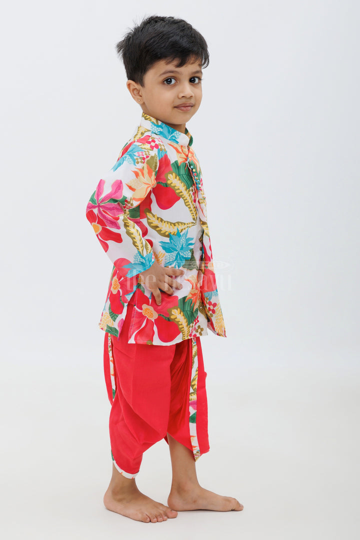 Vibrant Red Cotton Ethnic Boys Dhoti Kurtha Set