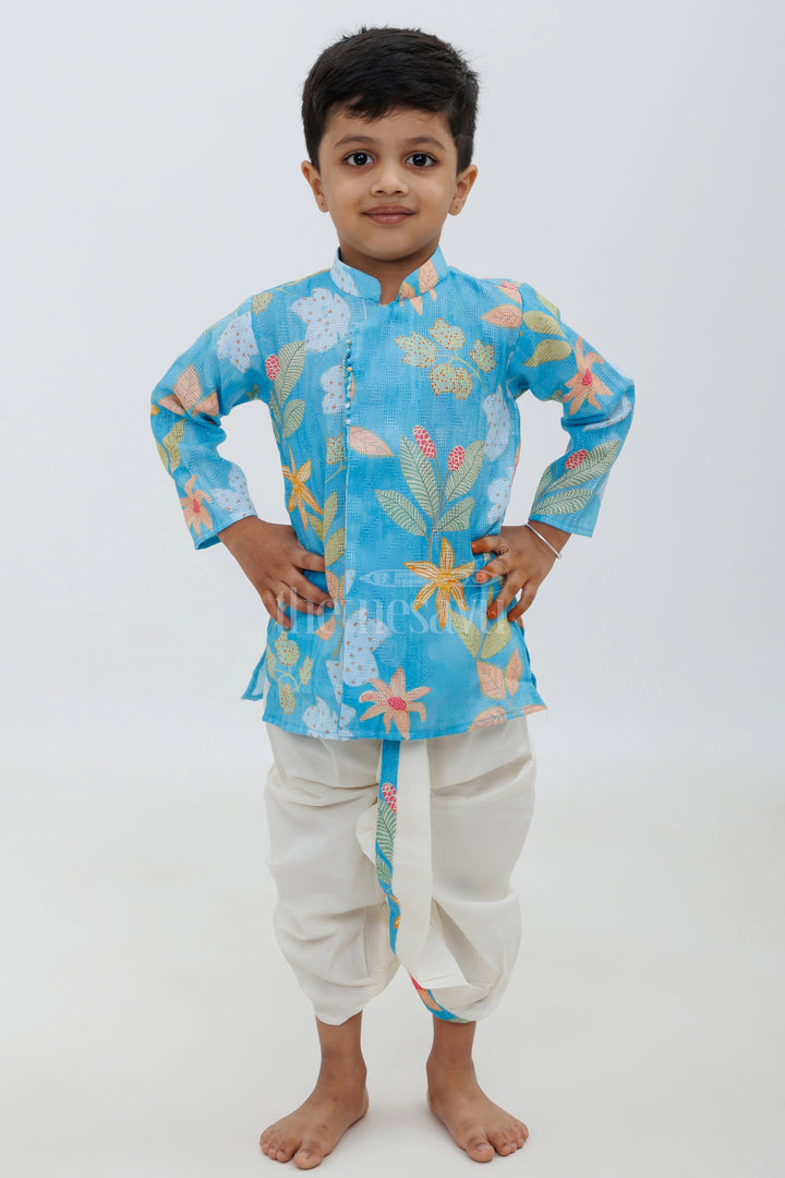 Sky Blue Cotton Digital Print Kurta with Dhoti Pajama Set