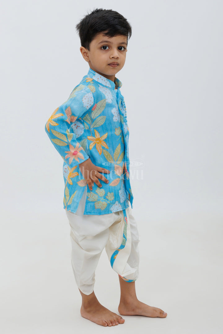 Sky Blue Cotton Digital Print Kurta with Dhoti Pajama Set