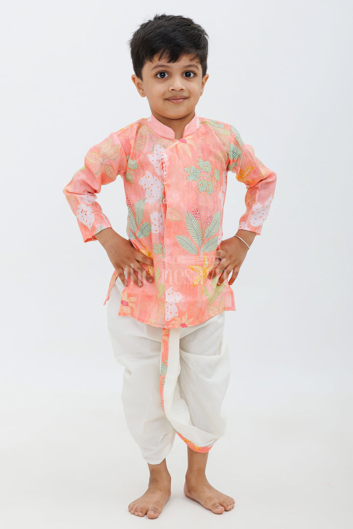 Peach Cotton Digital Print Kurta and Dhoti Set for Boys