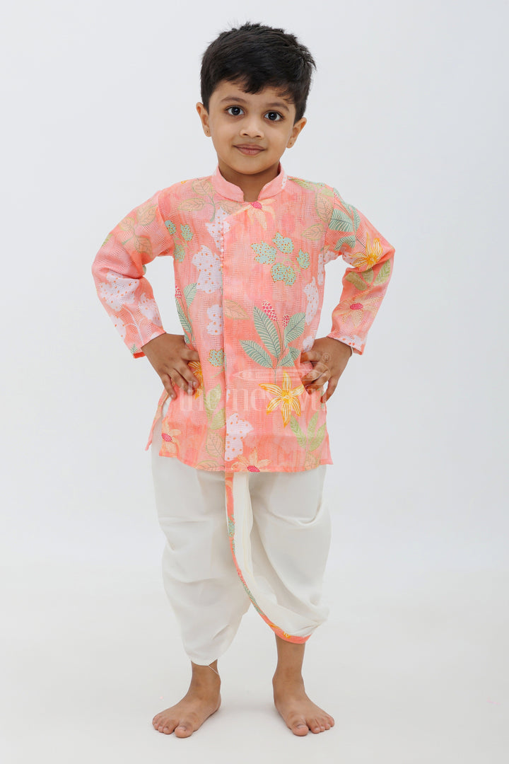 Peach Cotton Digital Print Kurta and Dhoti Set for Boys