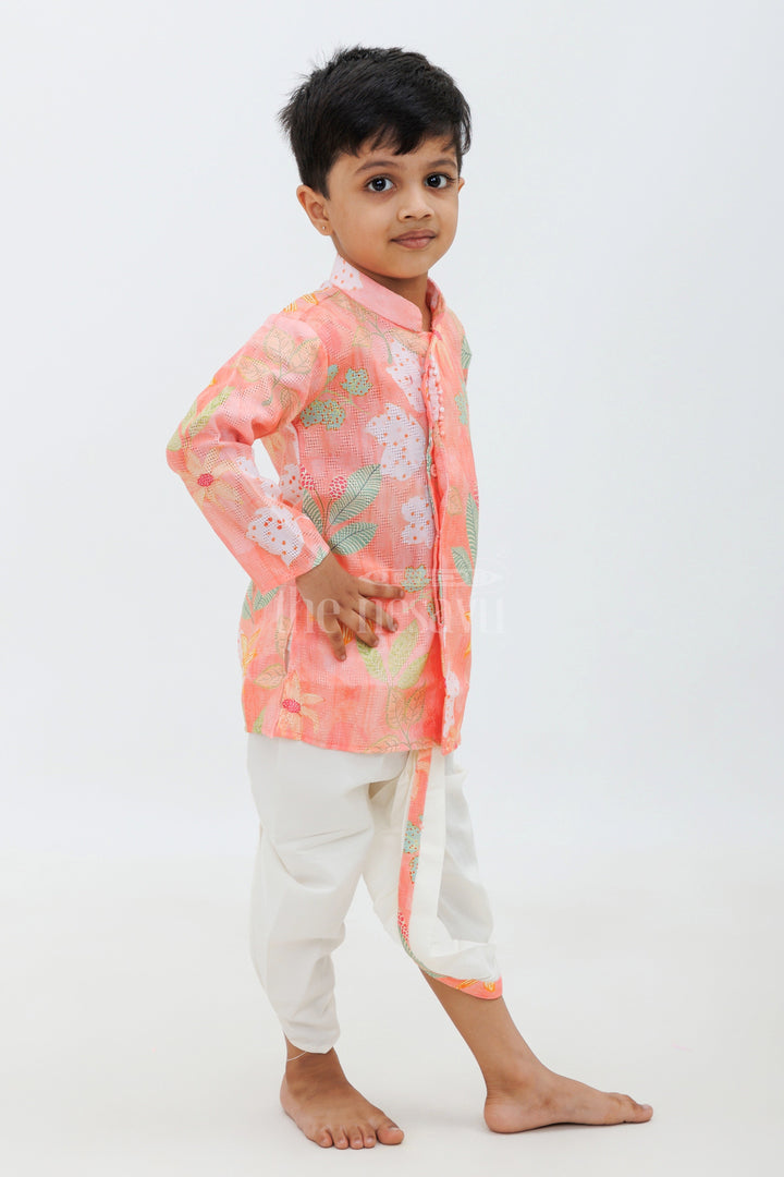 Peach Cotton Digital Print Kurta and Dhoti Set for Boys