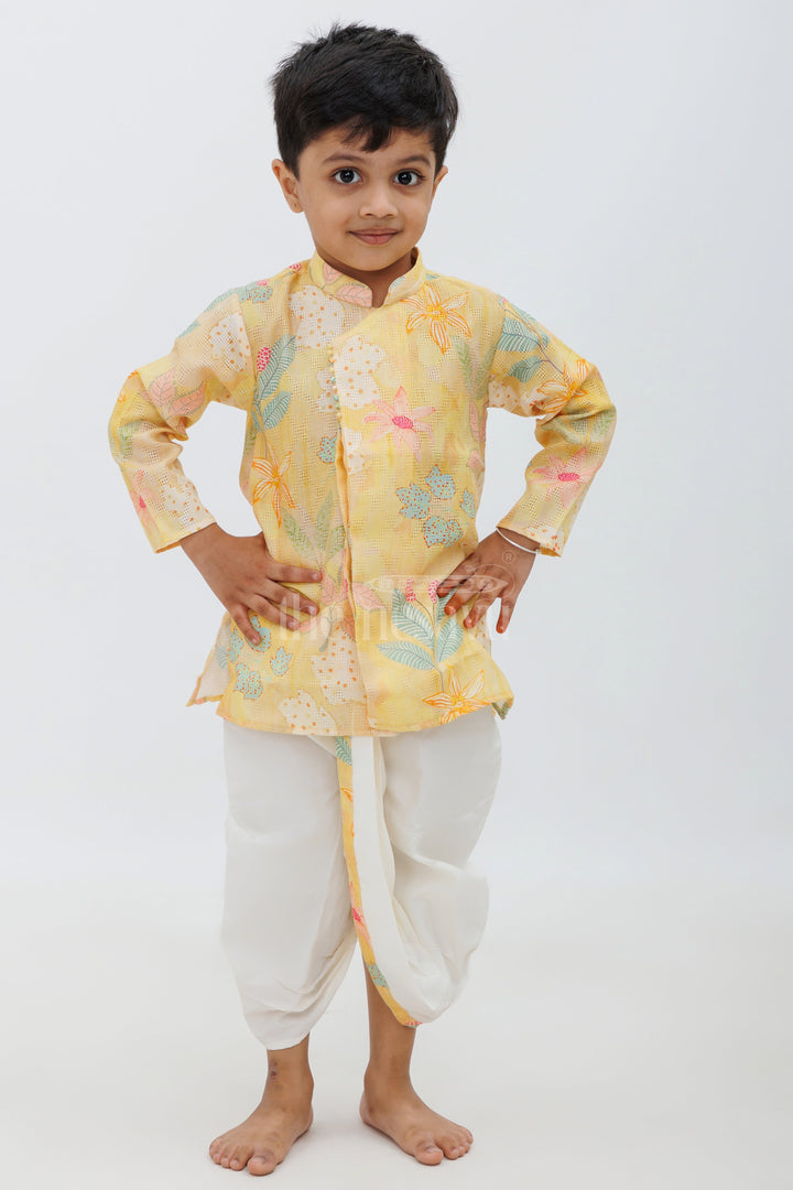 Yellow Cotton Digital Print Kurta and Dhoti Set for Boys