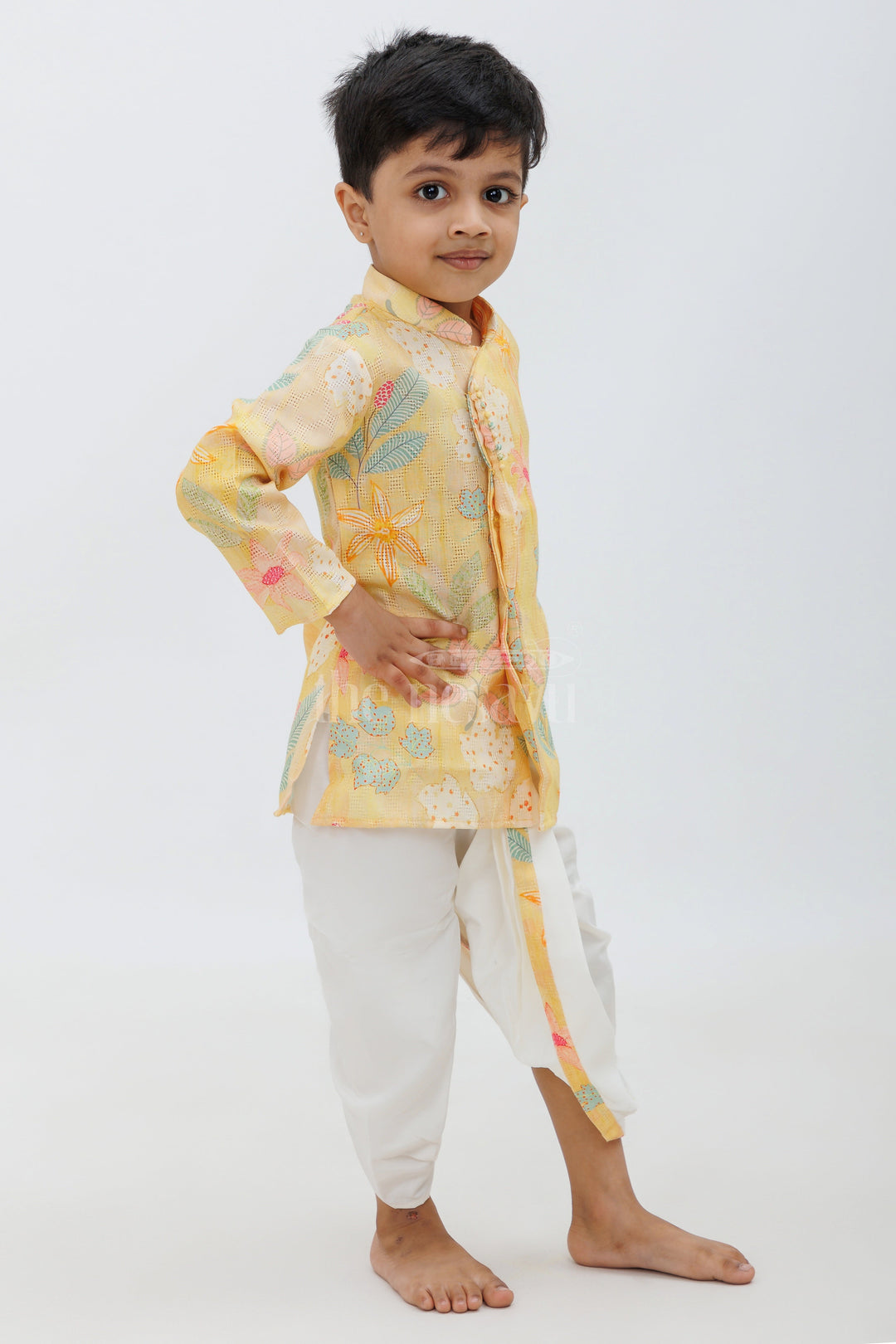 Yellow Cotton Digital Print Kurta and Dhoti Set for Boys