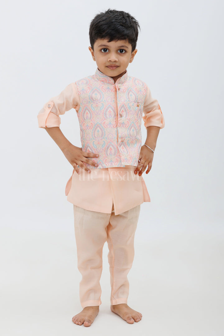 Peach Color Designer Dhoti Kurta Set for Boys with Embroidered Jacket and Panchakacham Pants