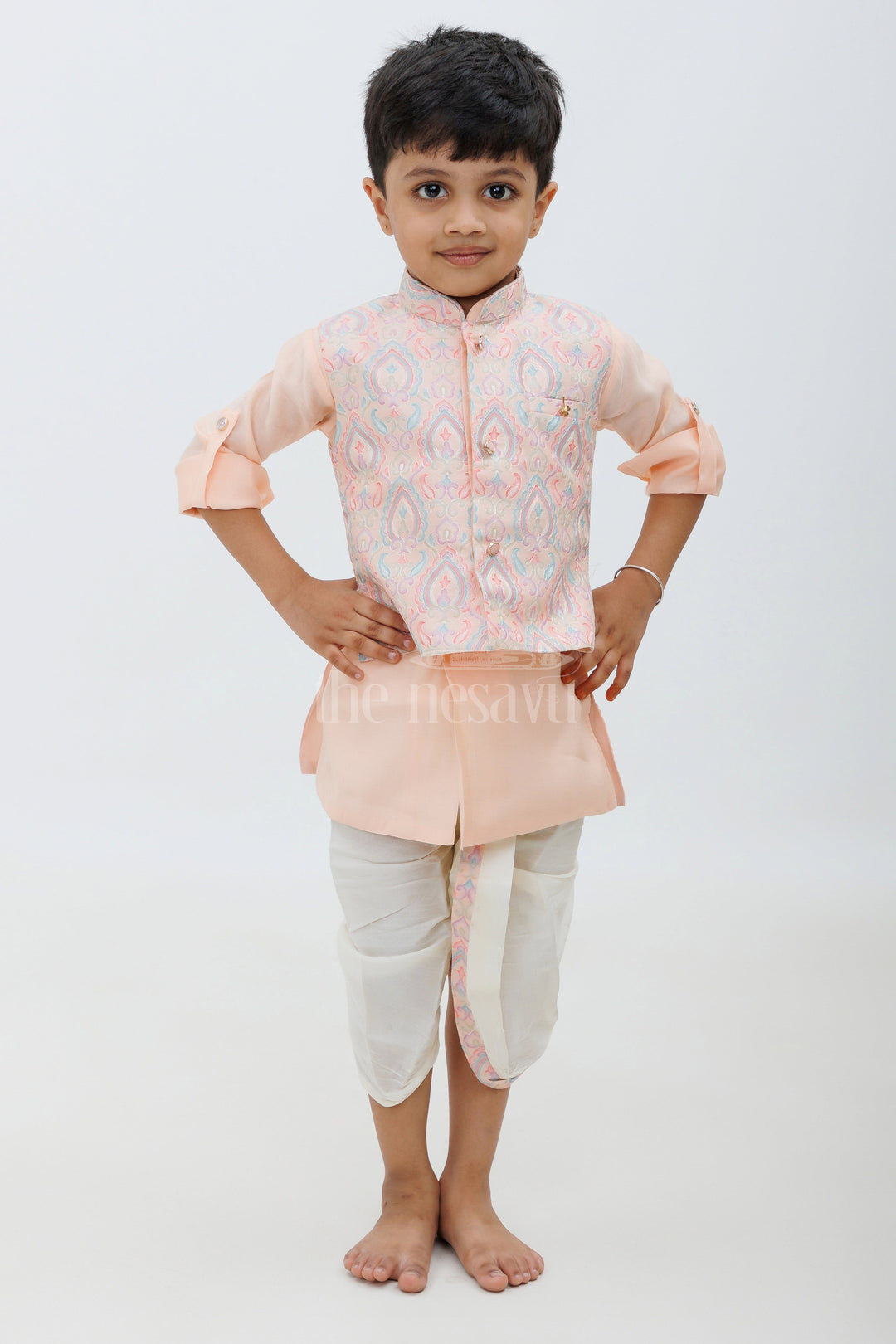 Peach Color Designer Dhoti Kurta Set for Boys with Embroidered Jacket and Panchakacham Pants