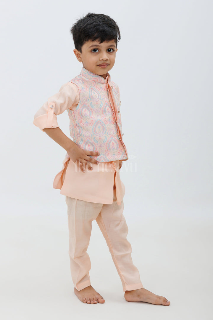 Peach Color Designer Dhoti Kurta Set for Boys with Embroidered Jacket and Panchakacham Pants