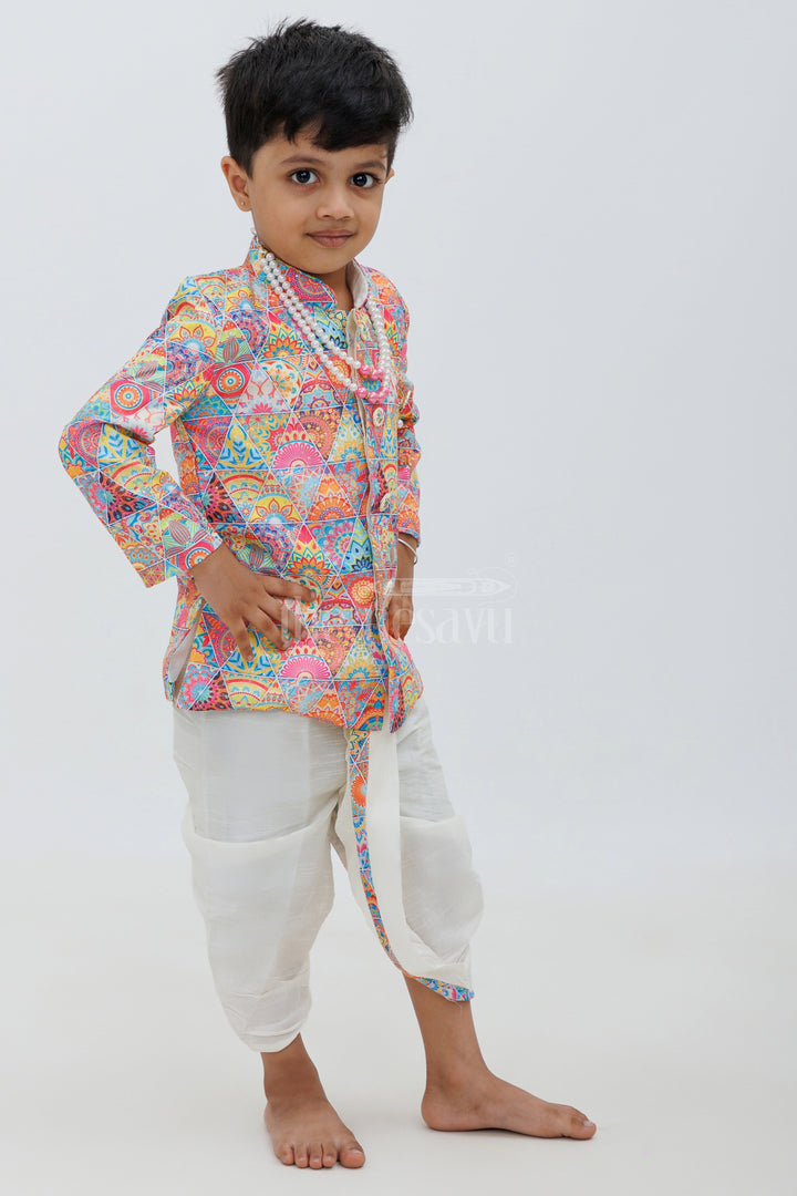 Green Blend Silk Dhoti Kurta Set for Boys with Pearl Necklace Accessory