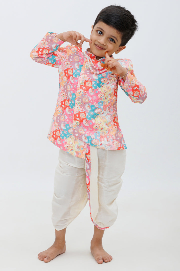 Peach Blend Silk Dhoti Kurta Set for Boys with Pearl Necklace Accessory