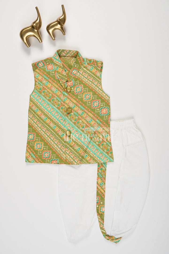 Green Semi Linen Cotton Boys Dhoti Set with Traditional Vest