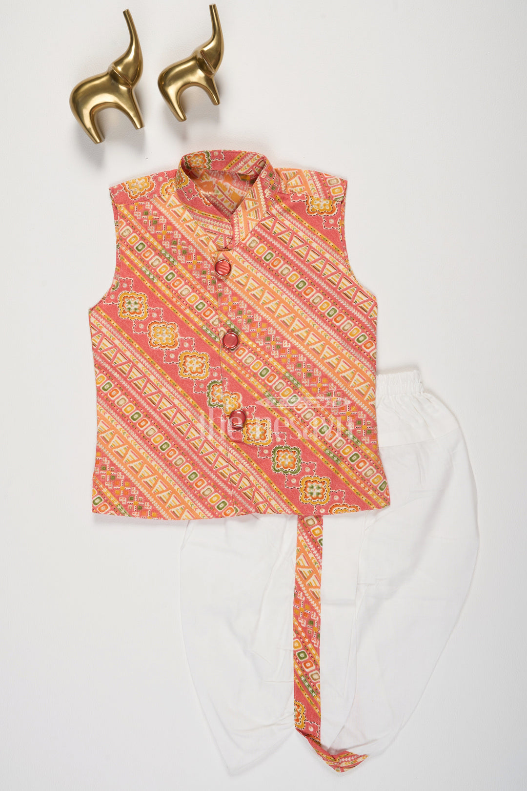 Orange Semi-Linen Boys Dhoti Set with Geometric Print Vest