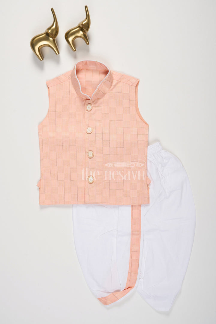 Peach Boys Dhoti Set with Checkered Vest and White Pants