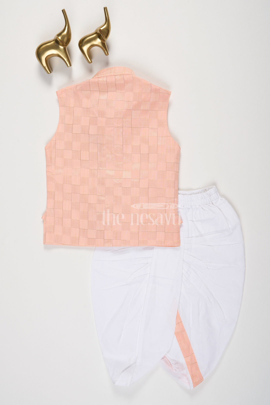 Peach Boys Dhoti Set with Checkered Vest and White Pants