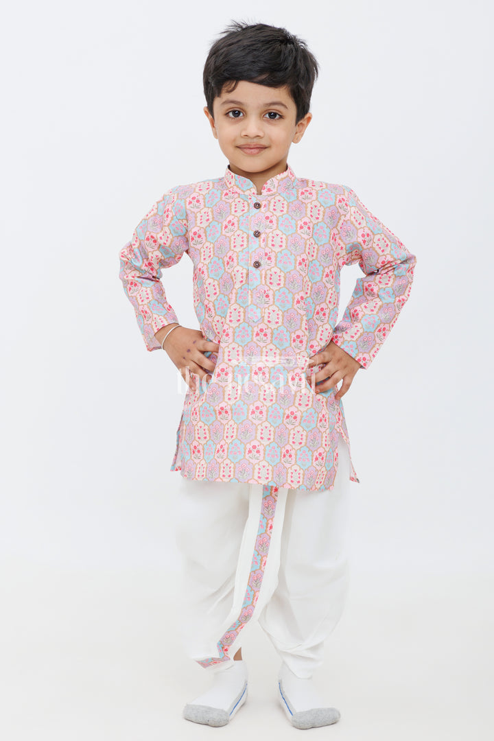 Boys Maroon and Pink Printed Dhoti Kurta Set with Matching Borders