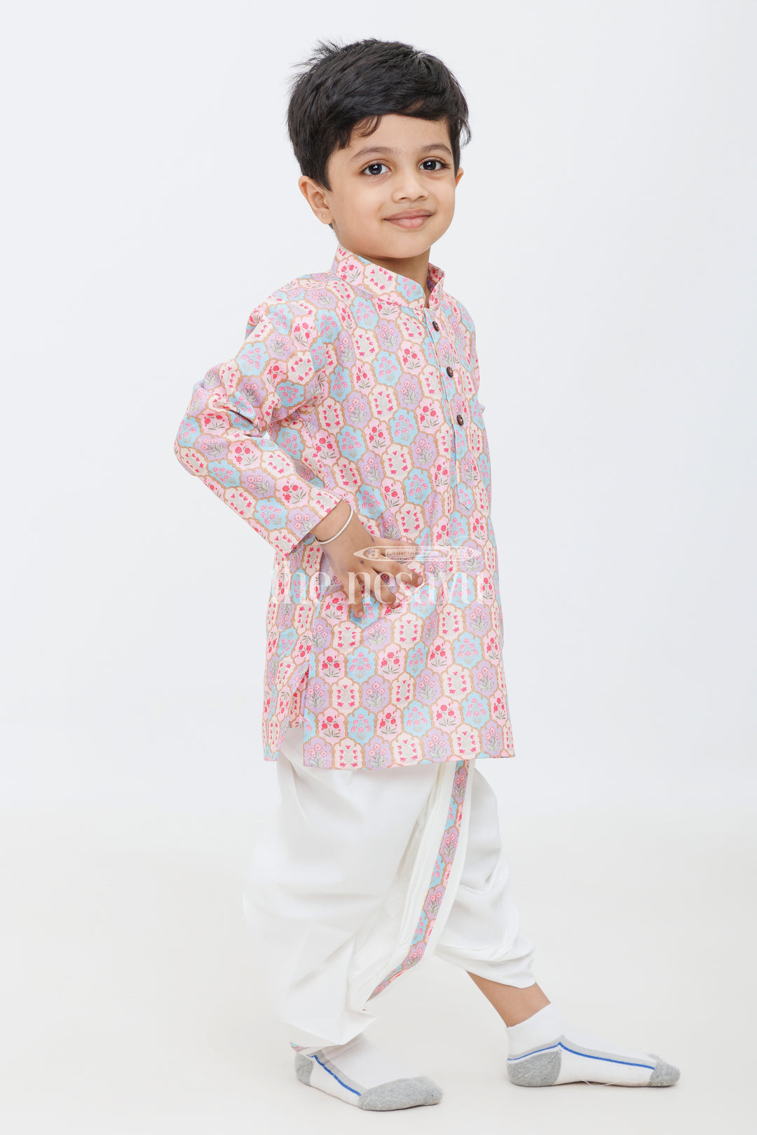 Boys Maroon and Pink Printed Dhoti Kurta Set with Matching Borders