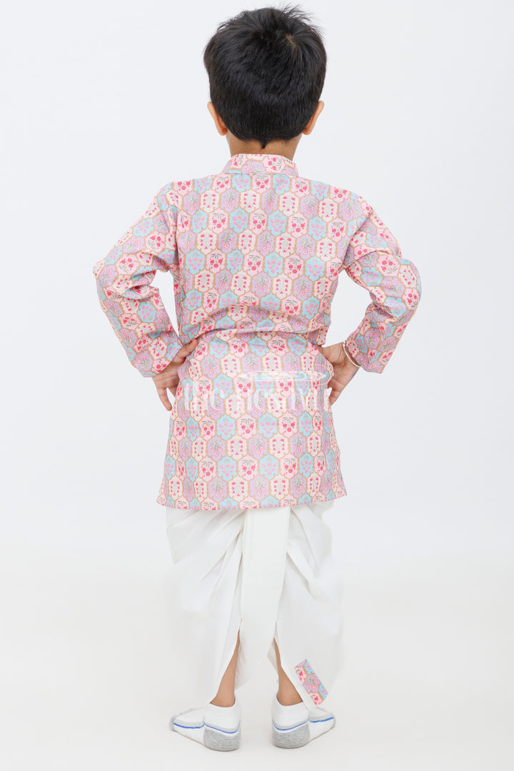 Boys Maroon and Pink Printed Dhoti Kurta Set with Matching Borders