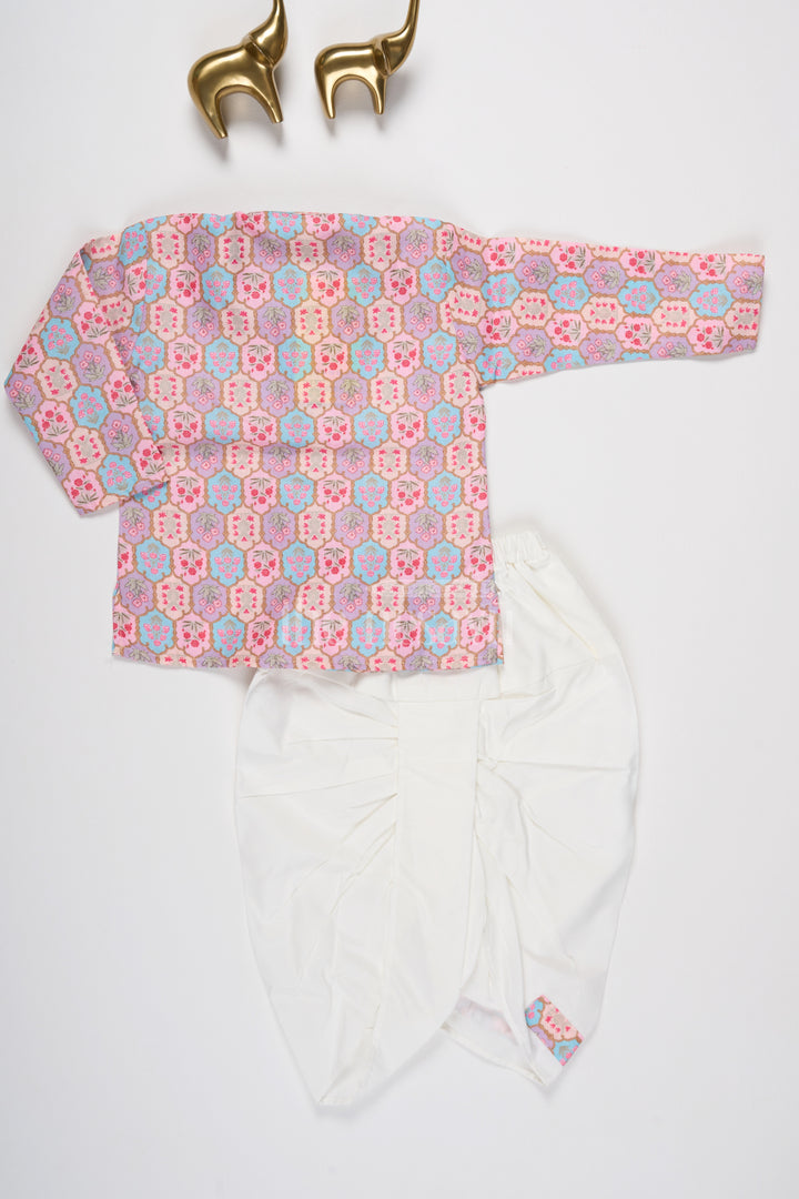 Boys Maroon and Pink Printed Dhoti Kurta Set with Matching Borders