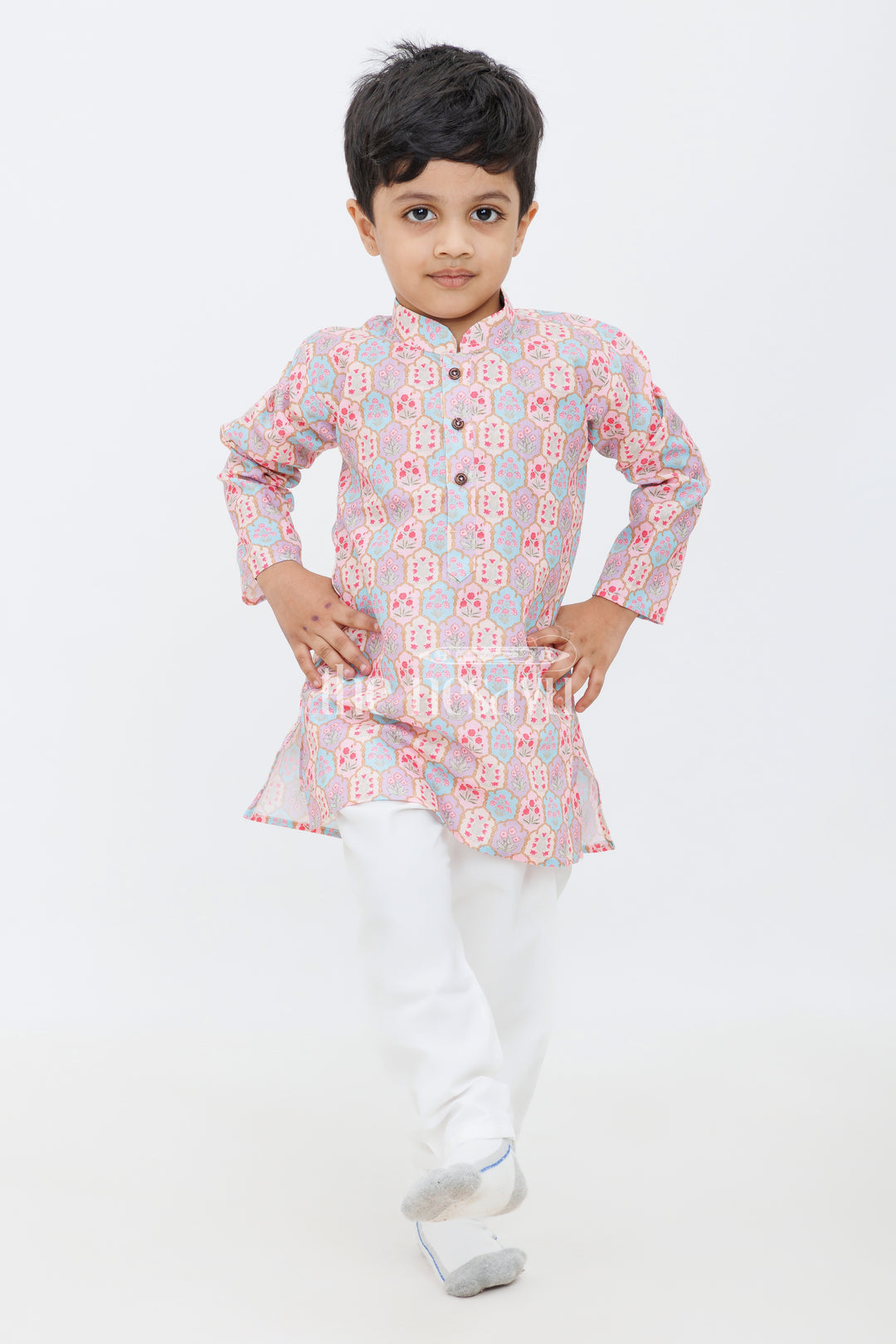 Boys Maroon and Pink Printed Dhoti Kurta Set with Matching Borders