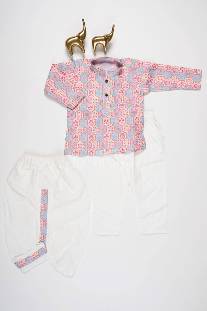 Boys Maroon and Pink Printed Dhoti Kurta Set with Matching Borders