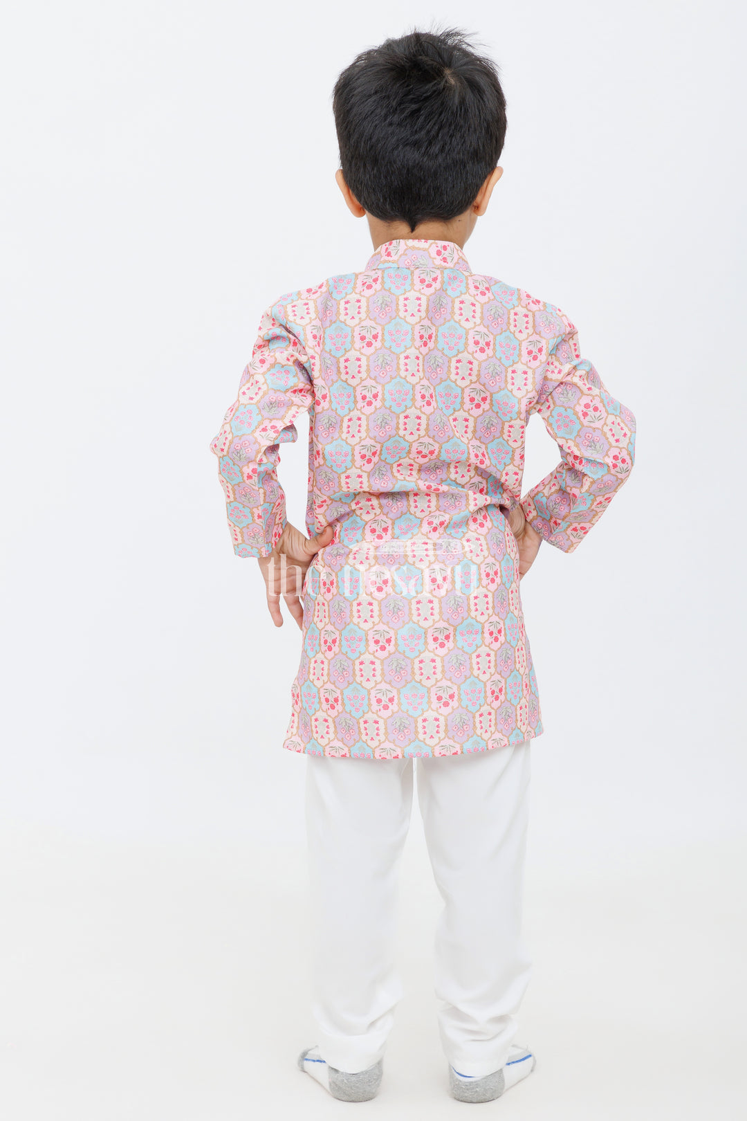 Boys Maroon and Pink Printed Dhoti Kurta Set with Matching Borders