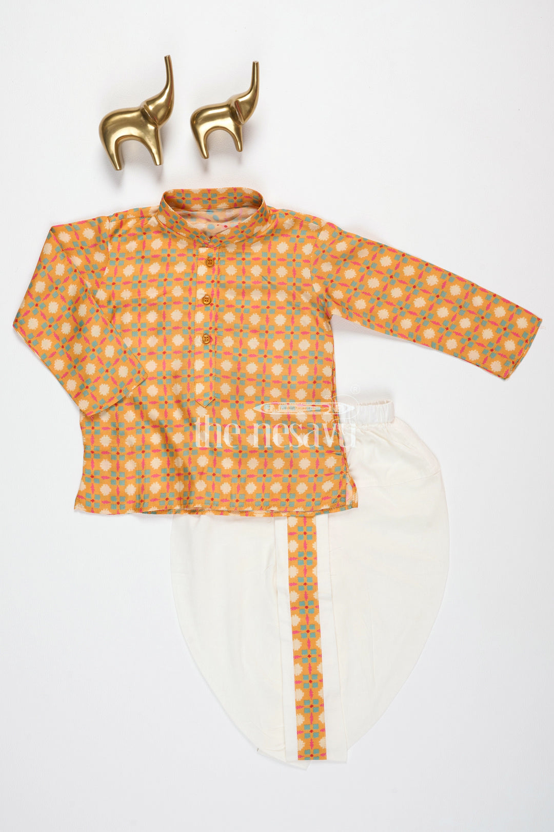 Boys Orange Cotton Dhoti Set with Traditional Geometric Kurta for Festive Celebrations