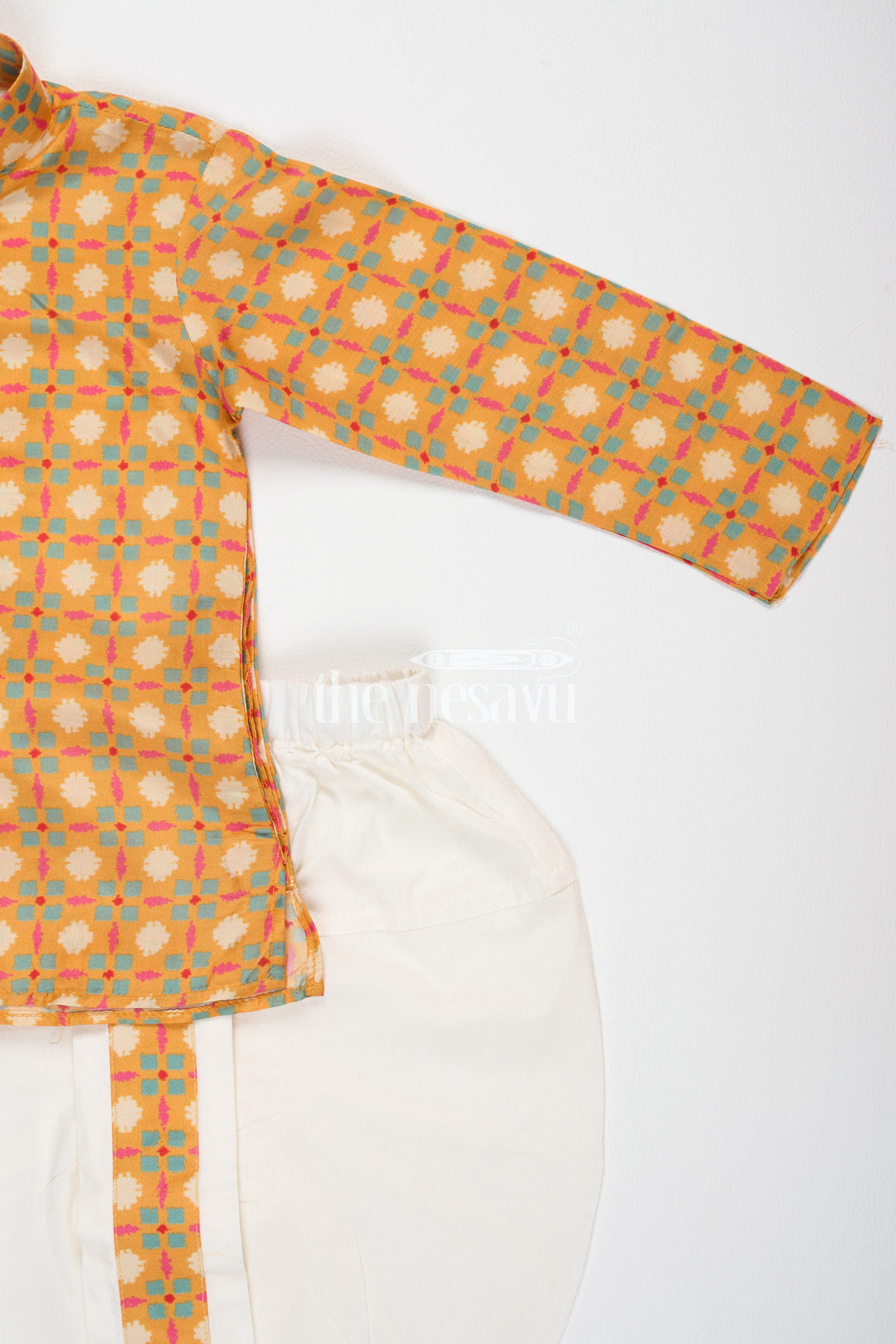 Boys Orange Cotton Dhoti Set with Traditional Geometric Kurta for Festive Celebrations