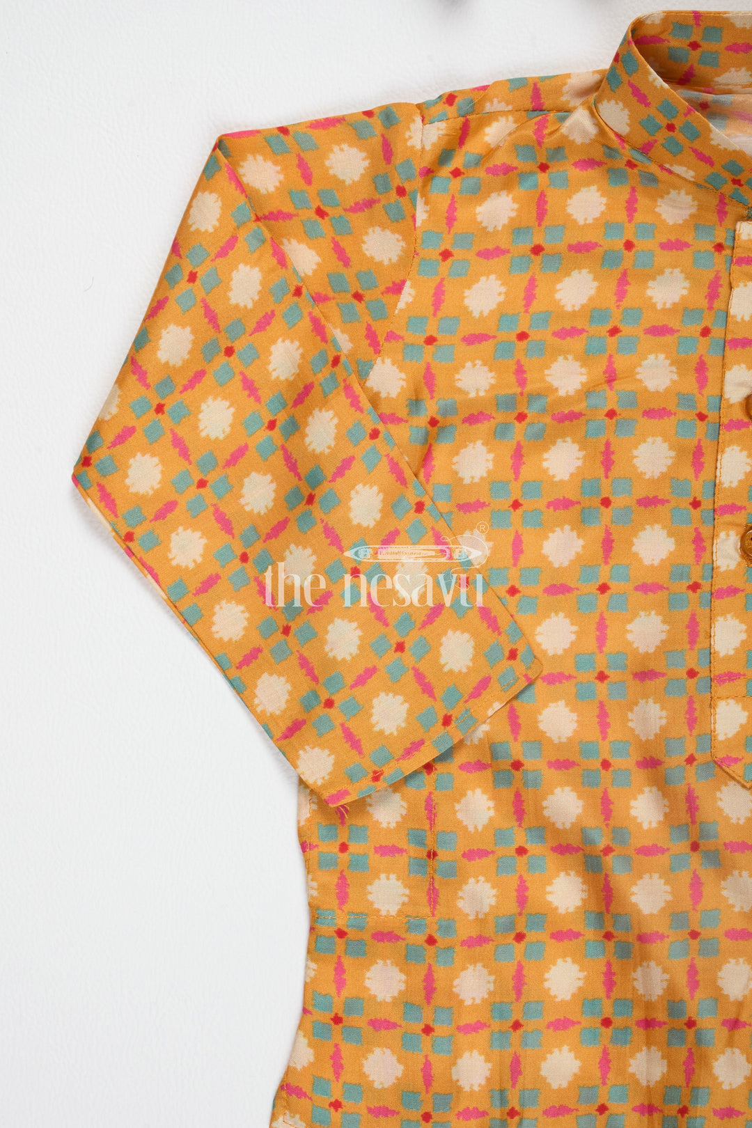 Boys Orange Cotton Dhoti Set with Traditional Geometric Kurta for Festive Celebrations