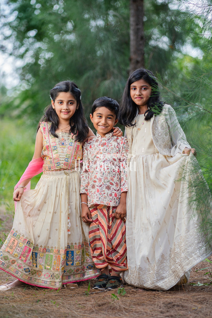 Boys Multicolor Kurta and Dhoti Set with Floral Print for Cultural Events and Festive Gatherings