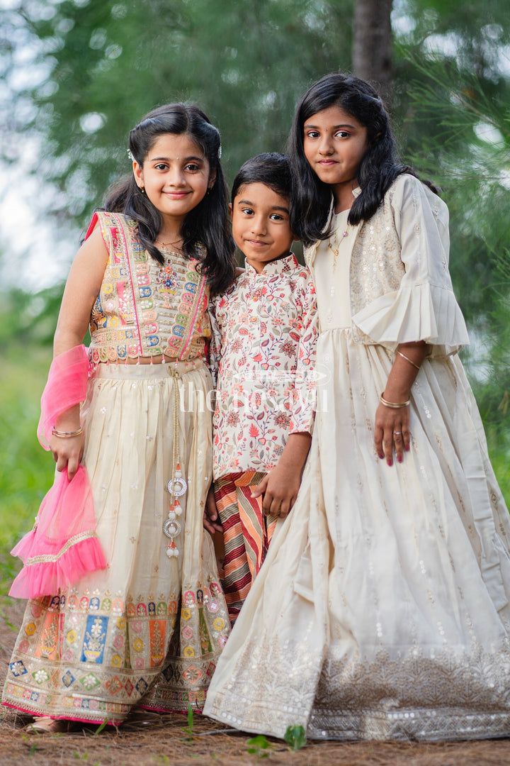 Boys Multicolor Kurta and Dhoti Set with Floral Print for Cultural Events and Festive Gatherings