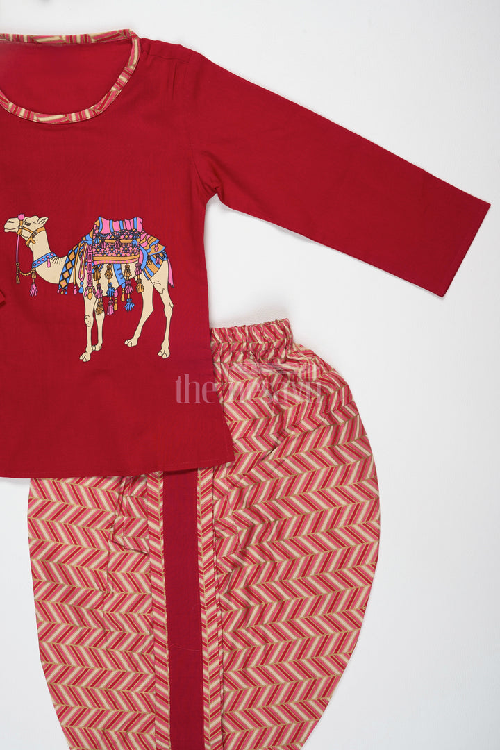 Boys Maroon Cotton Dhoti Set with Side-Button Kurta for Festive Occasions and Casual Gatherings