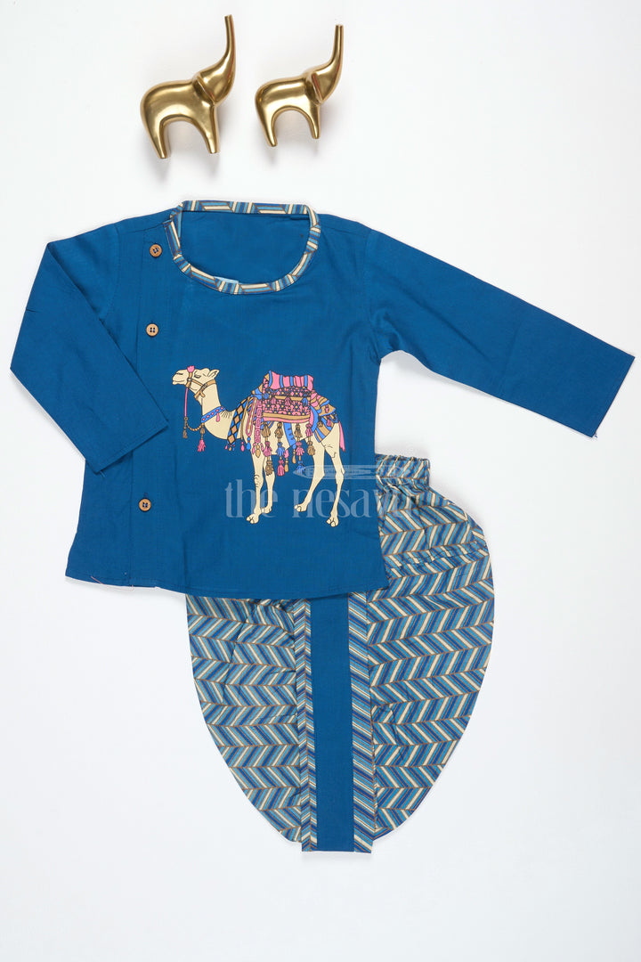 Boys Blue Cotton Dhoti Set with Camel Print Kurta for Festive Occasions and Casual Gatherings