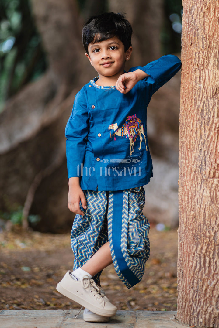 Boys Blue Cotton Dhoti Set with Camel Print Kurta for Festive Occasions and Casual Gatherings