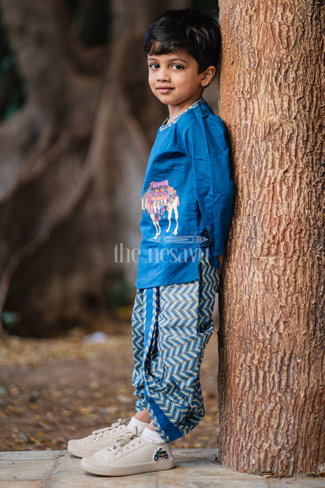 Boys Blue Cotton Dhoti Set with Camel Print Kurta for Festive Occasions and Casual Gatherings