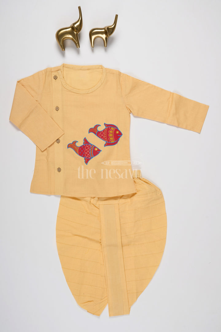 Boys Yellow Cotton Dhoti Set with Vibrant Fish Motifs for Festive Events and Cultural Celebrations