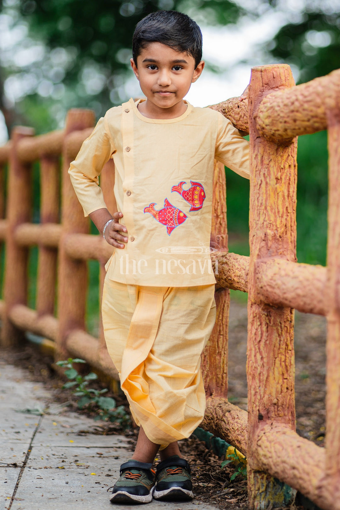 Boys Yellow Cotton Dhoti Set with Vibrant Fish Motifs for Festive Events and Cultural Celebrations