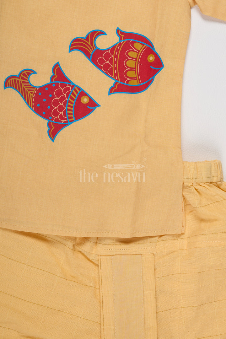 Boys Yellow Cotton Dhoti Set with Vibrant Fish Motifs for Festive Events and Cultural Celebrations