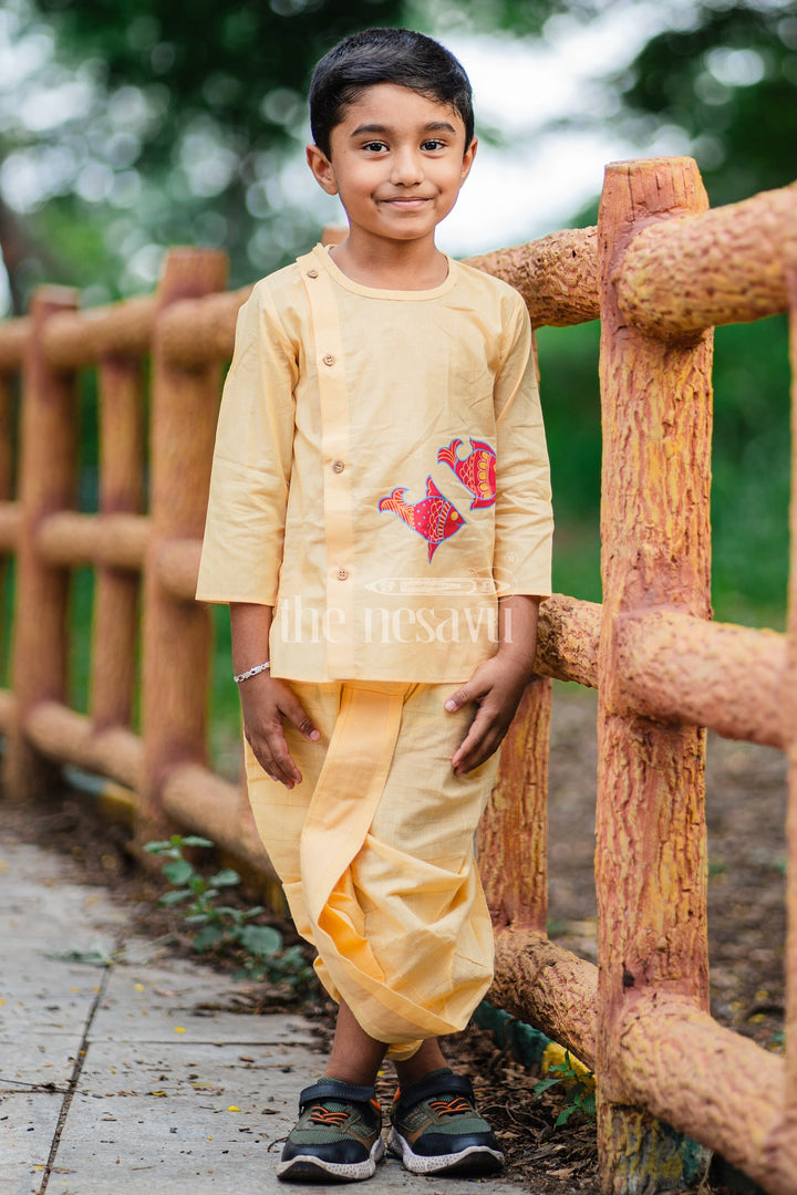 Boys Yellow Cotton Dhoti Set with Vibrant Fish Motifs for Festive Events and Cultural Celebrations