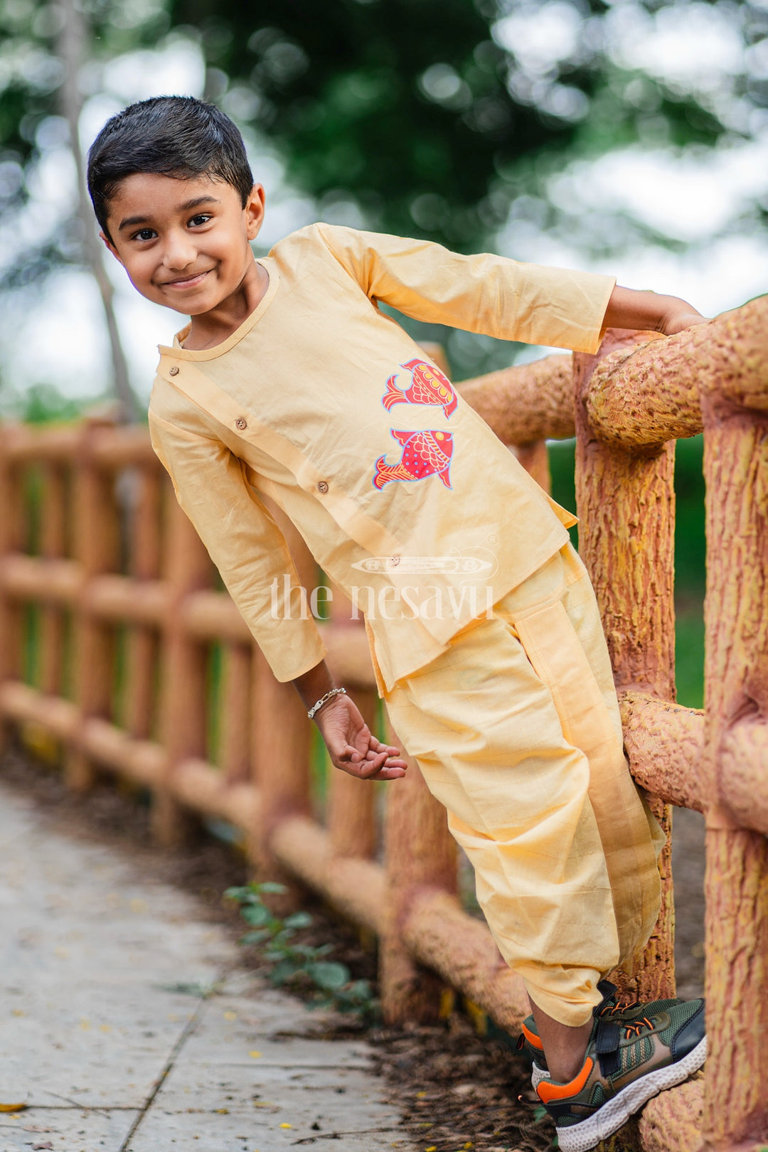 Boys Yellow Cotton Dhoti Set with Vibrant Fish Motifs for Festive Events and Cultural Celebrations