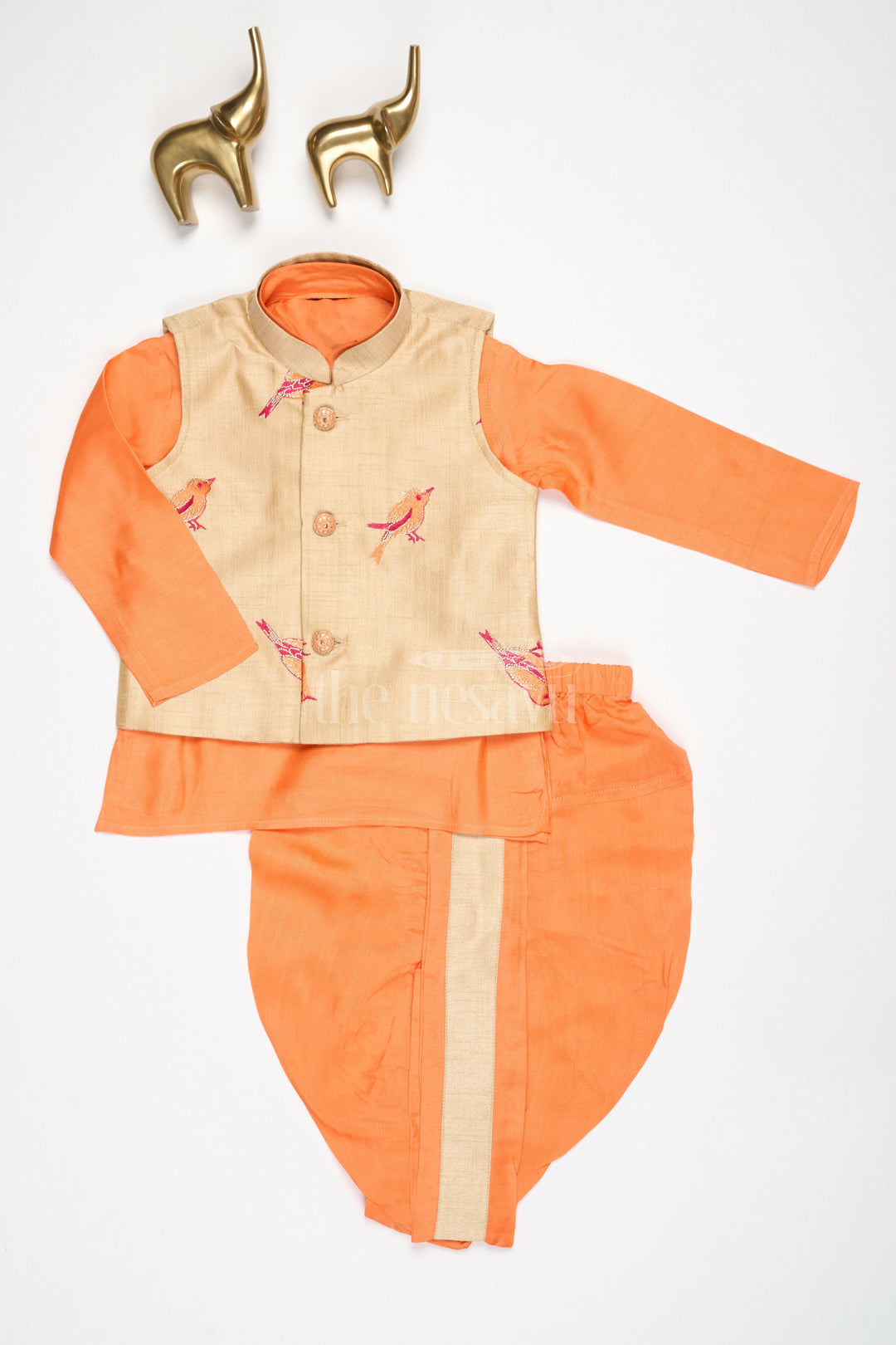 Boys Orange Silk Blend Dhoti Set with Embroidered Bird Motif Jacket for Traditional Gatherings