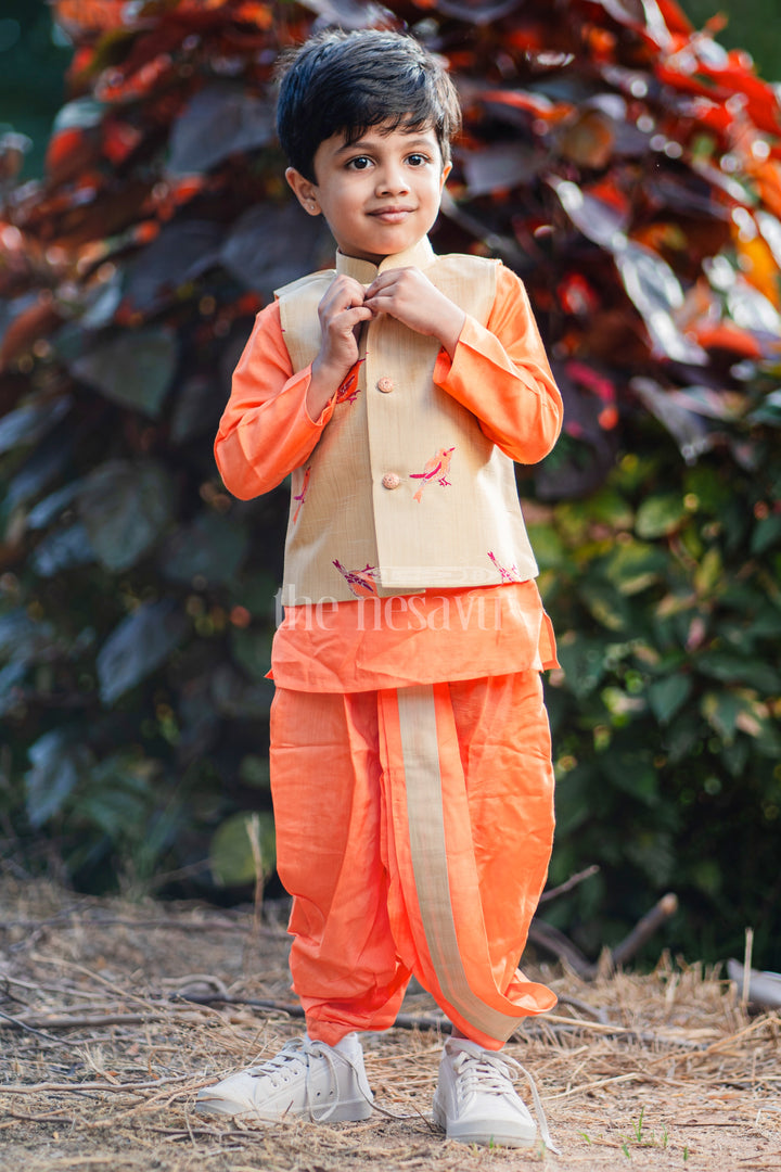 Boys Orange Silk Blend Dhoti Set with Embroidered Bird Motif Jacket for Traditional Gatherings