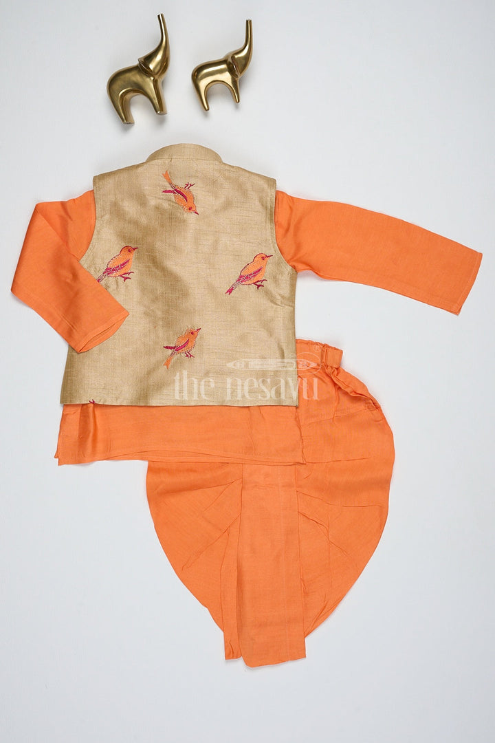 Boys Orange Silk Blend Dhoti Set with Embroidered Bird Motif Jacket for Traditional Gatherings