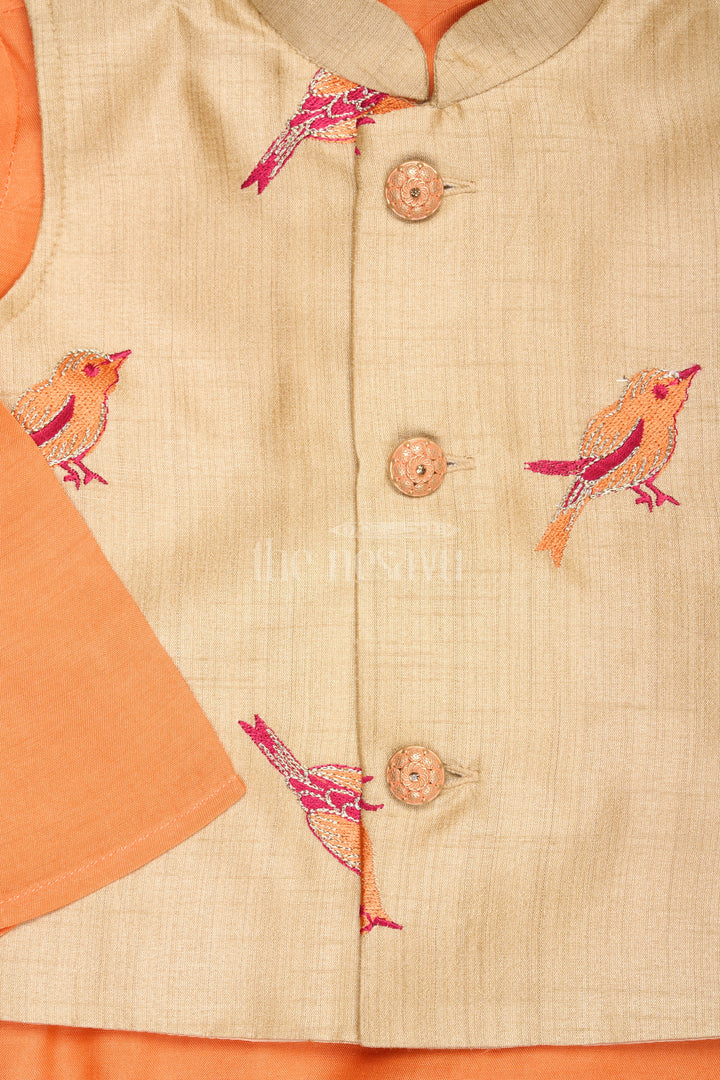 Boys Orange Silk Blend Dhoti Set with Embroidered Bird Motif Jacket for Traditional Gatherings