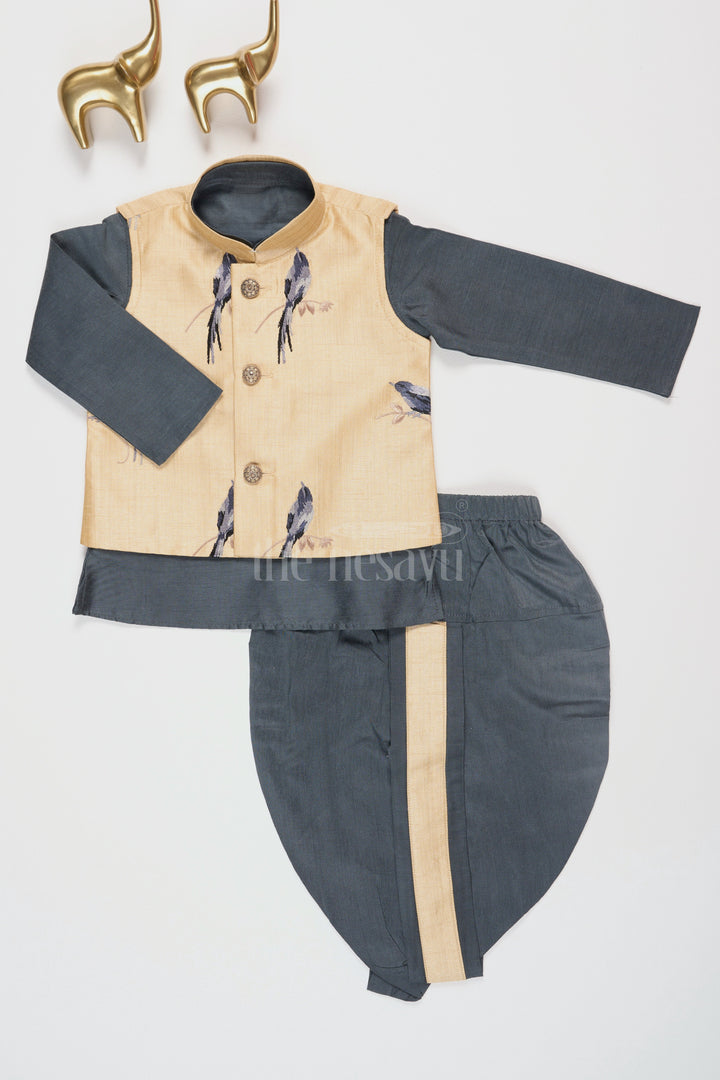 Boys Black Silk Blend Dhoti Set with Green Kurta and Nehru Jacket for Special Festive Occasions