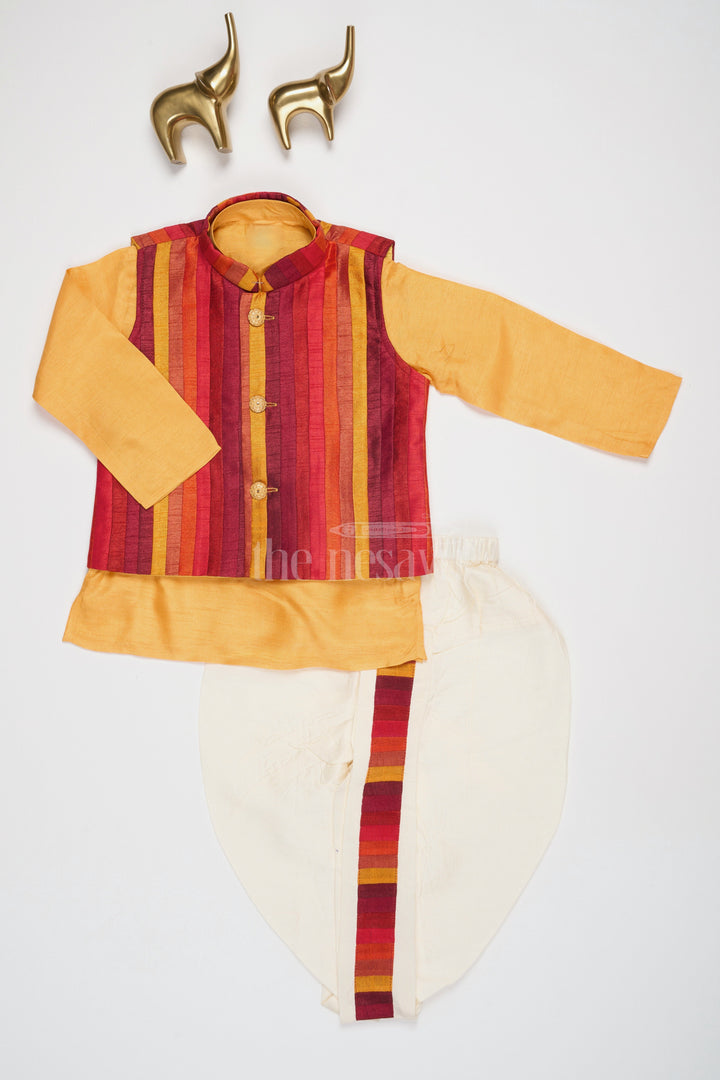 Boys Orange Dhoti Set with Striped Nehru Jacket for Festive Celebrations and Family Gatherings