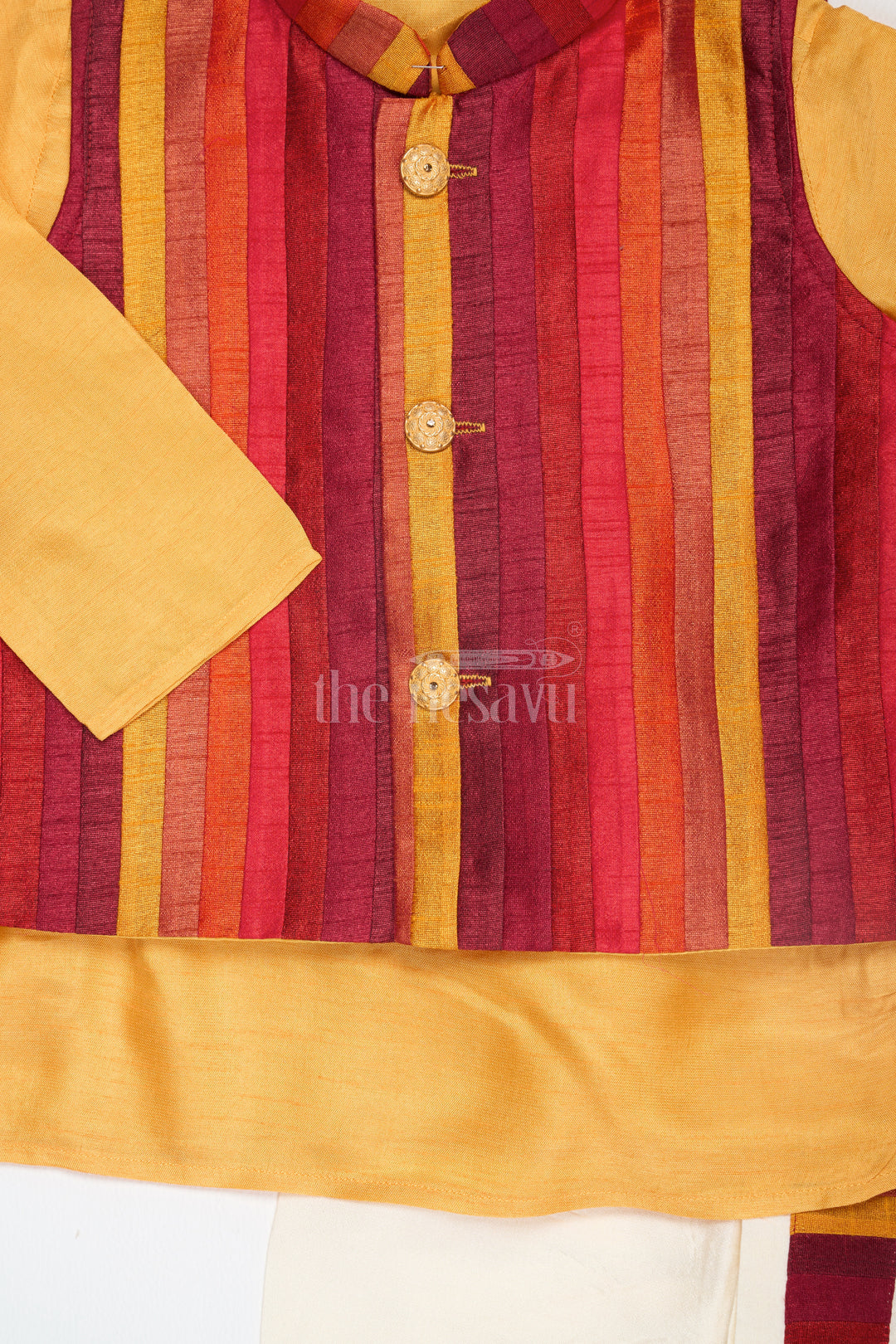 Boys Orange Dhoti Set with Striped Nehru Jacket for Festive Celebrations and Family Gatherings