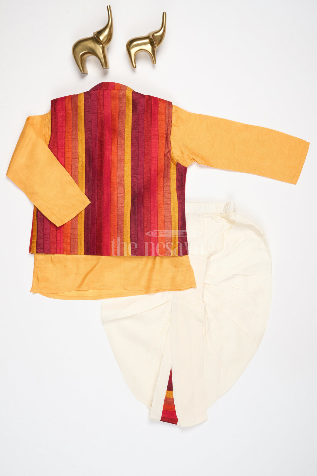 Boys Orange Dhoti Set with Striped Nehru Jacket for Festive Celebrations and Family Gatherings