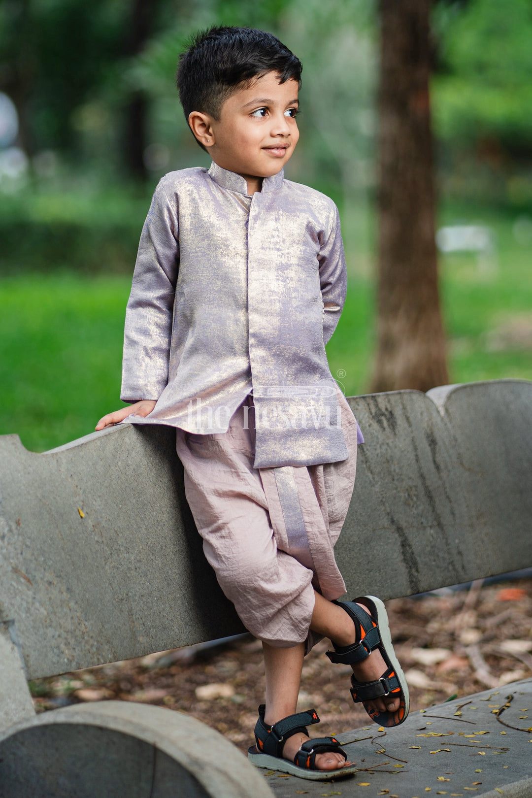 Boys Dothi Set with Rose Gold Kurta and Pink Dothi for Festive Occasions